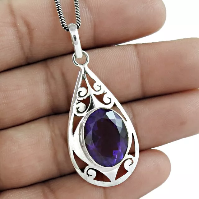 Natural Amethyst Gemstone Pendant Vintage Purple 925 Sterling Silver Jewelry O36