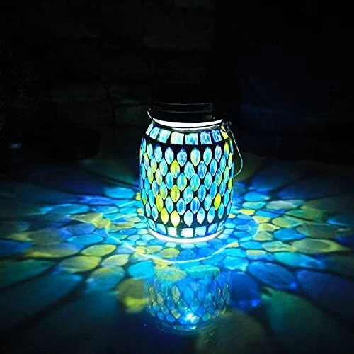 Mosaic Solar Lanterns Outdoor Hanging Lights, Solar Table Lamps & Cool Blue