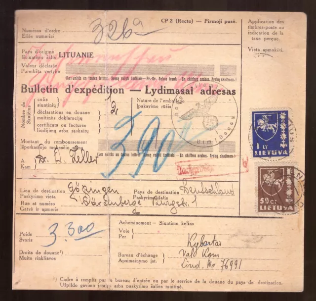 Ostland Litauen seltene Paketkarte Vilnius nach Göppingen mit Zollstempel!
