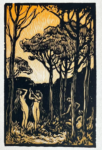 Pierre Gusman Gravure sur bois Woodcut Jardin Forêt De Pins Nu Féminin Art Déco