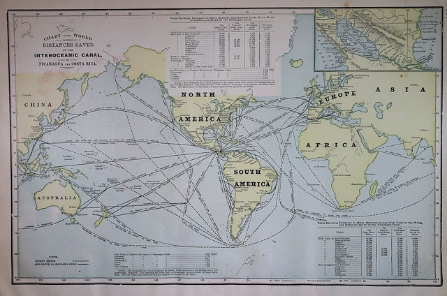 Old 1902 Cram Atlas Map ~ NICARAGUA INTEROCEANIC CANAL ROUTES ~ (LG13x18) #1386