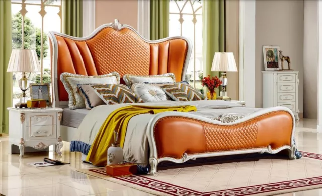 Lit Classique Chambre à Coucher Chesterfield Orange 2x Table de Chevet 3tlg Bois