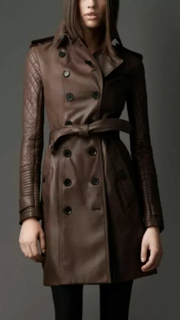 Donna Vera Pelle D'Agnello Lungo Cappotto Trench Bottoni con Cintura Giacca
