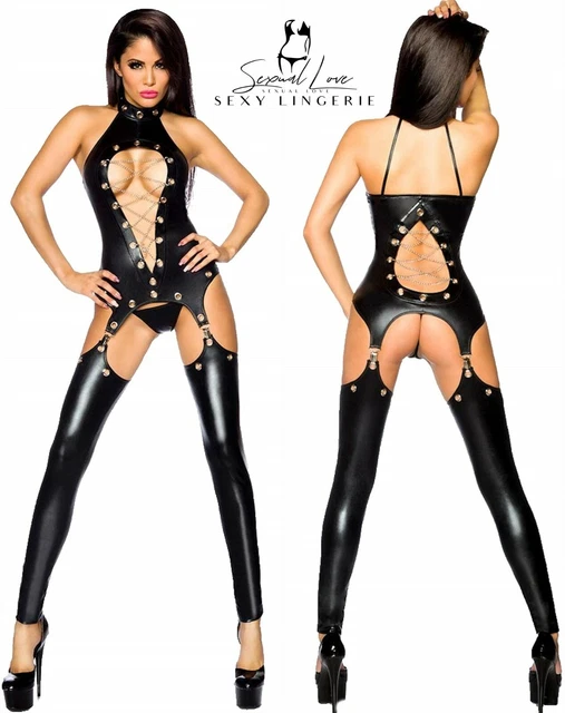 Set Completo Tuta Catsuit Mistress Aderente Dominatrice Reggicalze Simil Latex