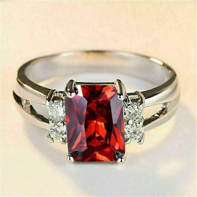 2 Ct Emerald Cut Red Ruby Simulated Diamond Engagement 925 Sterling Silver Ring