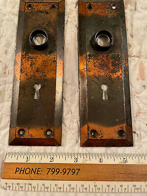 Early 1900's Copper Flash / Japanned 2 1/4" x 7" Door Knob Backplates, Free S/H 2