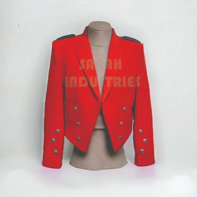 New Men Scottish  Prince Charlie Red 100% wool Highland Kilt Jacket and Vest
