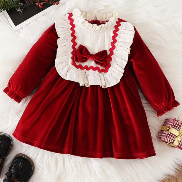 Toddler Baby Girls Velvet Ruffle Dress Long Sleeve A-Line Dress Party Outfit