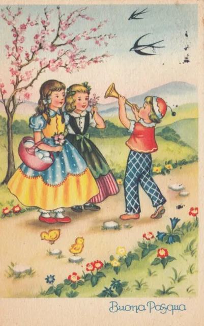 Cartolina *2 Auguri-Feste Buona Pasqua Bambini Felicita Ucelli Viaggiata 1956