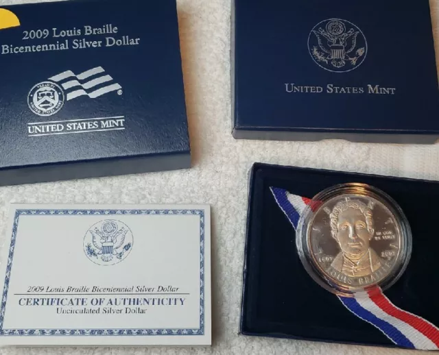 2009 US Louis Braille Bicentennial Proof Silver Dollar in Case and Box with COA