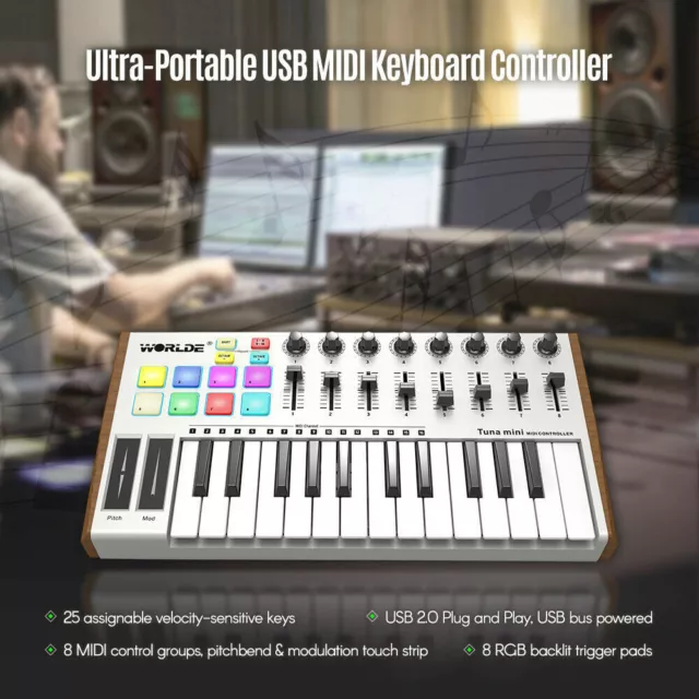 WORLDE TUNA  Ultra-Portable 25- USB MIDI Keyboard Controller 8  N7J9 2