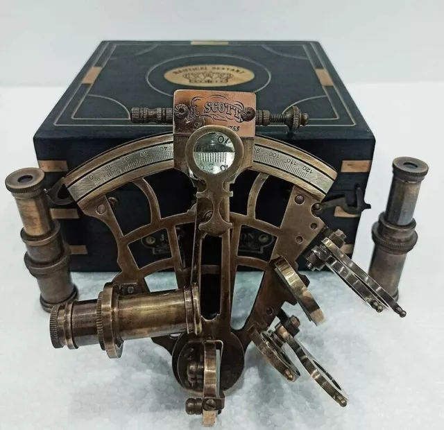 Nautical Brass Sextant With Wood Box Antique Navigational Tool Collectible Gift