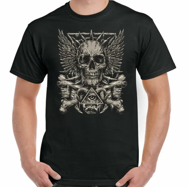 Heavy Metal Teschio Uomo Gotico T-Shirt Biker Tattoo Musica Rock Chitarra Angel
