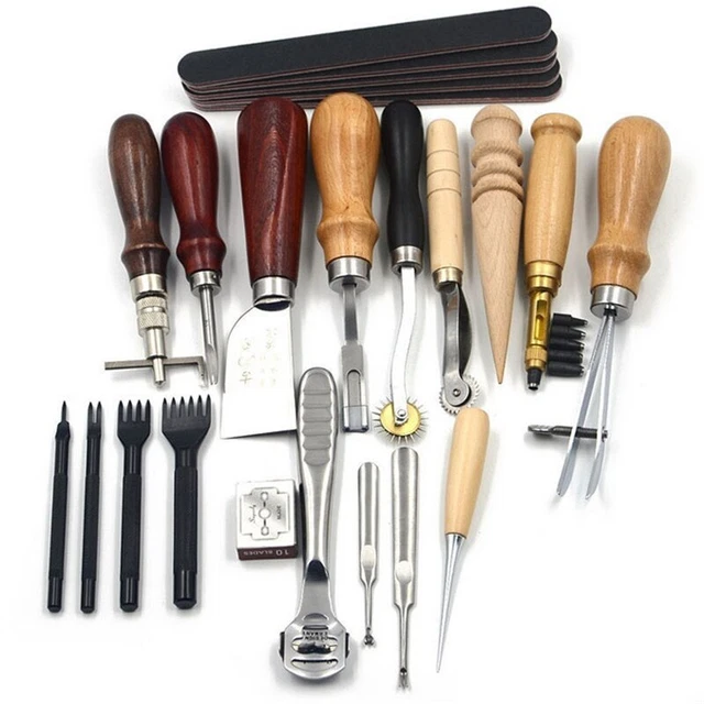 18 piezas Kit de herramientas perforadoras artesanales de cuero JUEGO Costura Tallar Silla de montar Ranura