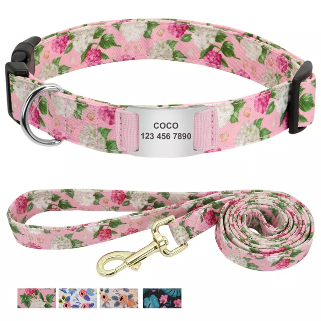 Floral Dog Pet Personalised Collar and Walking Lead Name ID for Small Large Dogs