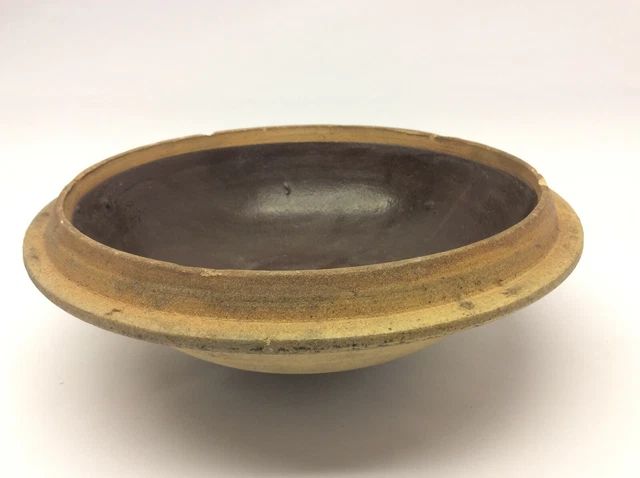 Antique Stoneware Large Handmade Brown Glazed Interior Crock Top Lid Cover 8