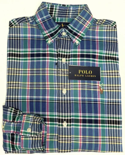 Polo Ralph Lauren Long Sleeve Shirt Blue Green Pink Plaid Classic Oxford $98