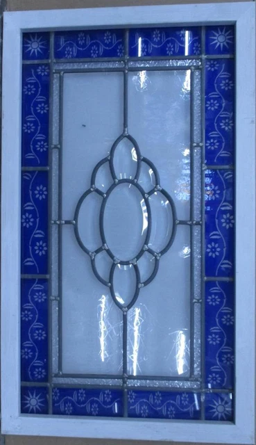 MIDSIZE OLD ENGLISH LEADED STAINED GLASS WINDOW Pretty Geometric 34.75" x 20.5"