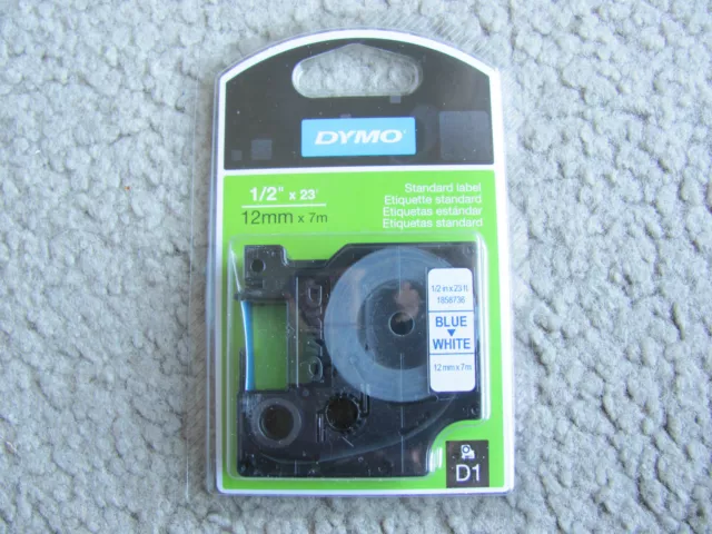 GENUINE Dymo D1 Standard Label 1/2in x 23ft (12mm X 7m), Blue on White 1858736