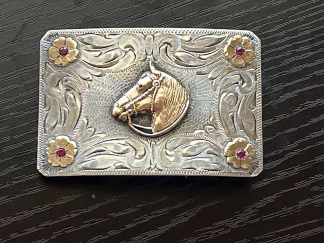 10K gold Rubies Sterling Vintage horse head Cowboy Belt Buckle trophy