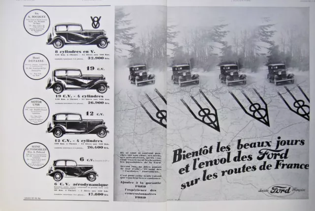 Publicité De Presse 1933 Ford 8 Cylindres En V - 19 Cv Et 12 Cv 4 Cylindres