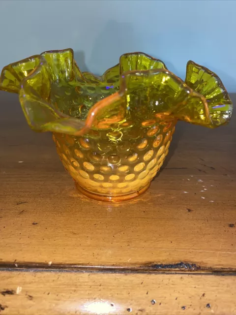 Rare Hobnail Amber Yellow Glass Bowl Dish Ruffled UV Glow Cadmium Uranium Glows