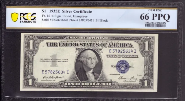 1935 E $1 Silver Certificate Note Currency Fr.1614 Ei Block Pcgs B Gem 66 Ppq
