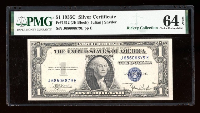 DBR 1935-C $1 Silver Fr. 1612 JE Block PMG 64 EPQ Serial J68606879E
