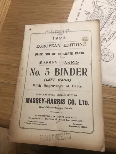 Illustrated Repair Parts List  No5 Binder  Massey Harris...1923