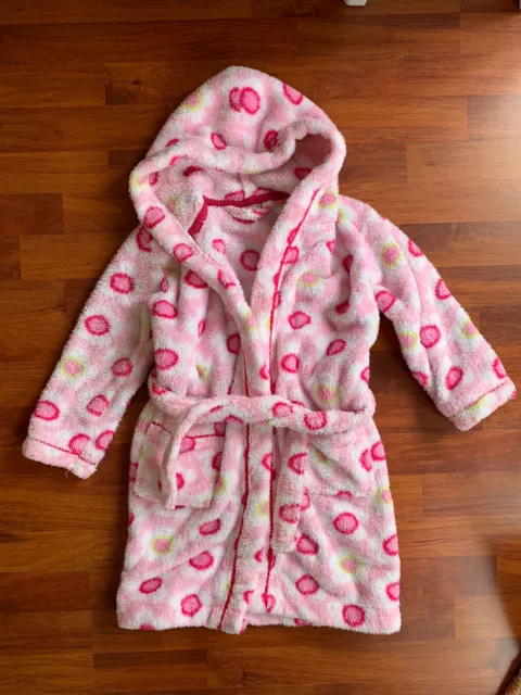 John Lewis Dressing Gown. Soft And Fluffy Girls Pink Spotty Hooded. Age 5.