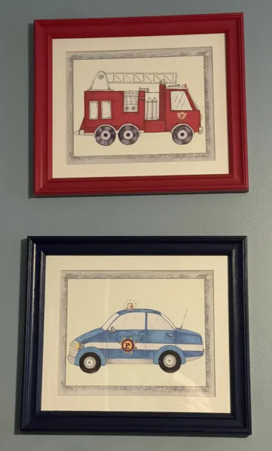 Transportation Fire Truck Police Car Boys Room Decor Wall Pictures EUC