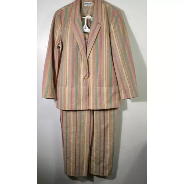Womens Vintage Personal 2 Piece Jacket Pants Suit Tan Pastel Stripes 12