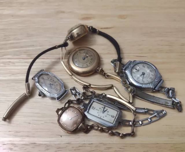 Vintage Ladies Watch LOT Parts Fix Gold Filled Deco Awoner Hampden Bulova Gruen