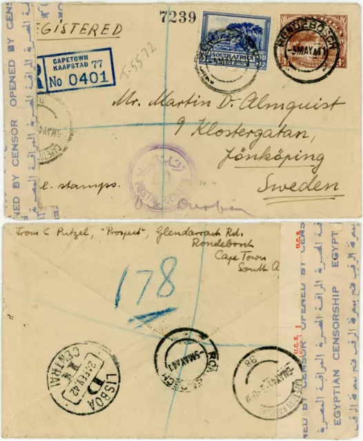 WW2 SOUTH AFRICA to SWEDEN REGISTERED 1941 DOUBLE CENSORED EGYPT via PORTUGAL