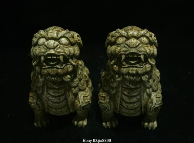 Rare Chinese Hongshan Culture Old Jade Stone Carving Foo Fu Dog Lion Statue Pair