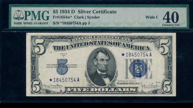AC 1934D $5 Silver Certificate *star* PMG 40 Wide I Face Fr 1654*