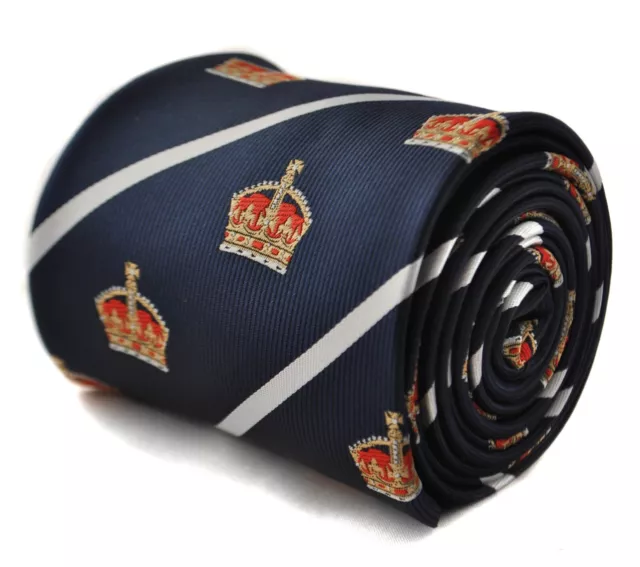 navy dark blue tie with crown design and white stripe by Frederick Thomas