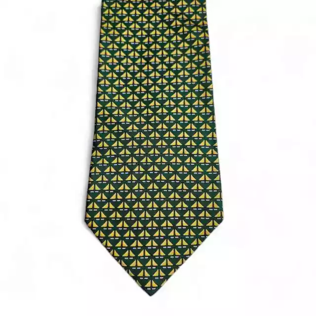 Salvatore Ferragamo Men's Green Yellow Foulard Sailboat Silk Tie 3