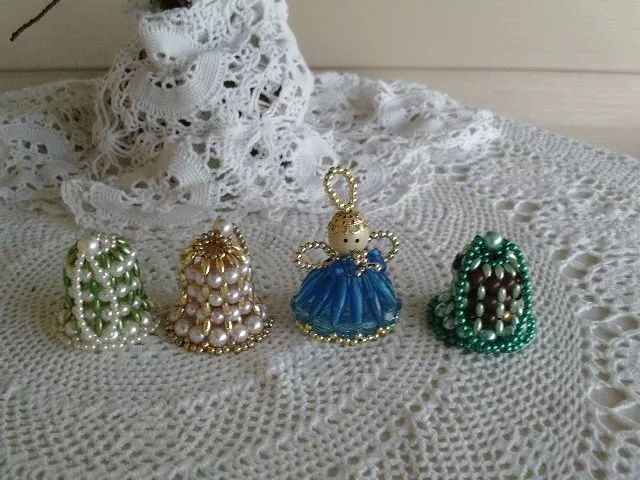 Lot 4 Vintage Handmade Beaded Christmas Ornaments Bells with Clapper and Angel