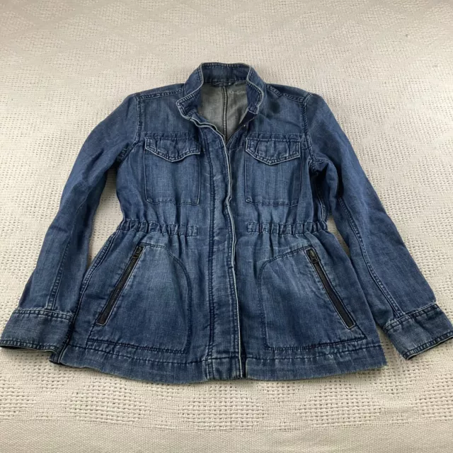 Gap Sz Small Medium Wash Blue Denim Military Style Long Jacket Drawstring Waist