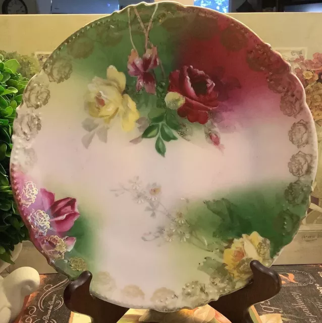 Antique Cabinet Plate~8.5”~Yellow/Red Roses/Daisies~Germany/Hand Painted~Lovely~