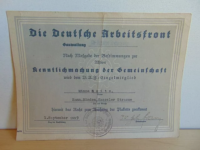 Wwii German Labour Front (Daf) Original Certificate