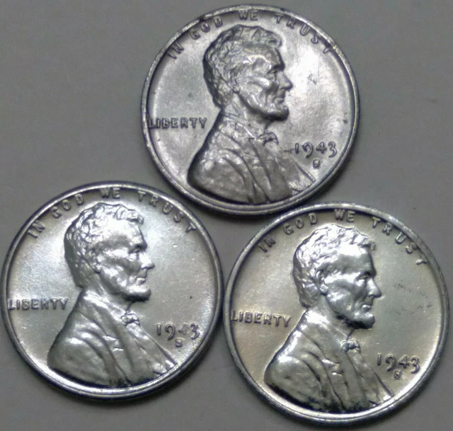 1943 S Lincoln Wheat Penny Cent Wartime STEEL MS BU UNC  Lot of 3 pennies