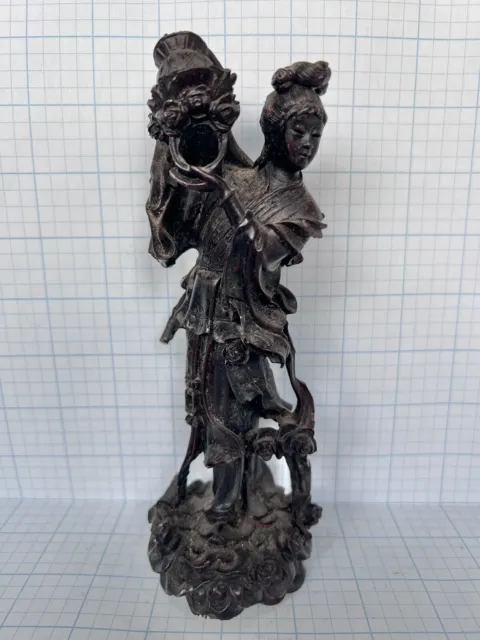 Old Chinese Hand-carved Rose-wood Statue, Kwan Yin Goddess Scatters Flowers