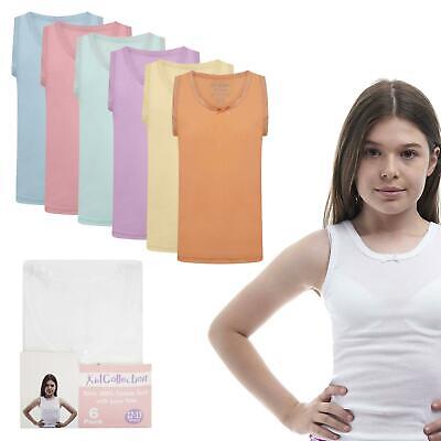 6 Pack Girls 100% Pure Cotton White Pastel Interlock Vests Bow School 2-13 Years