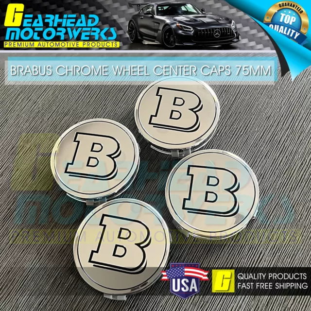 4x Brabus Silver Chrome Wheel Center Hub Caps Emblem fits Mercedes-Benz 75MM Set