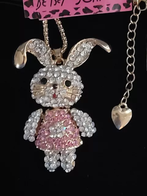 Betsey Johnson Bunny Rabbit PINK CRYSTAL Necklace 3-D Pendant JOINTED HEAD