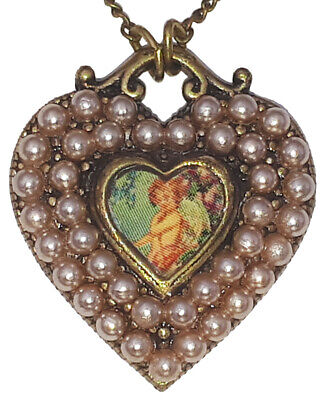Michal Negrin Heart Necklace Pearl Angel Cherub Pendant Chain Victorian Love