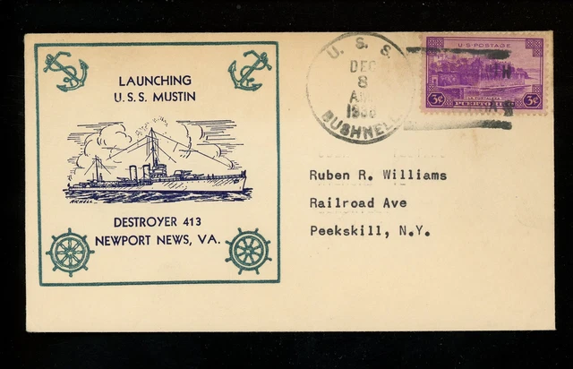 US Naval Ship Cover USS Mustin DD-413 Pre WWII 1938 Launched USS Bushnell AS-2