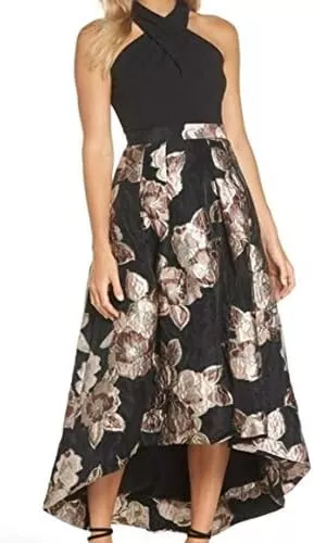 $226.  Eliza J Womens 6 Floral Black Gold Metallic High Low Formal Skirt  NWT